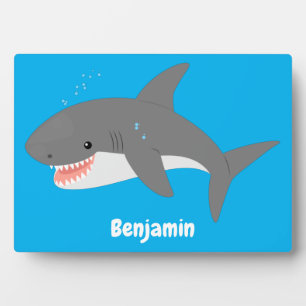 Great white shark happy cartoon illustration plaque