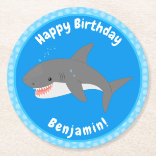Great white shark happy cartoon illustration round paper coaster