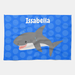 Great white shark happy cartoon illustration tea towel
