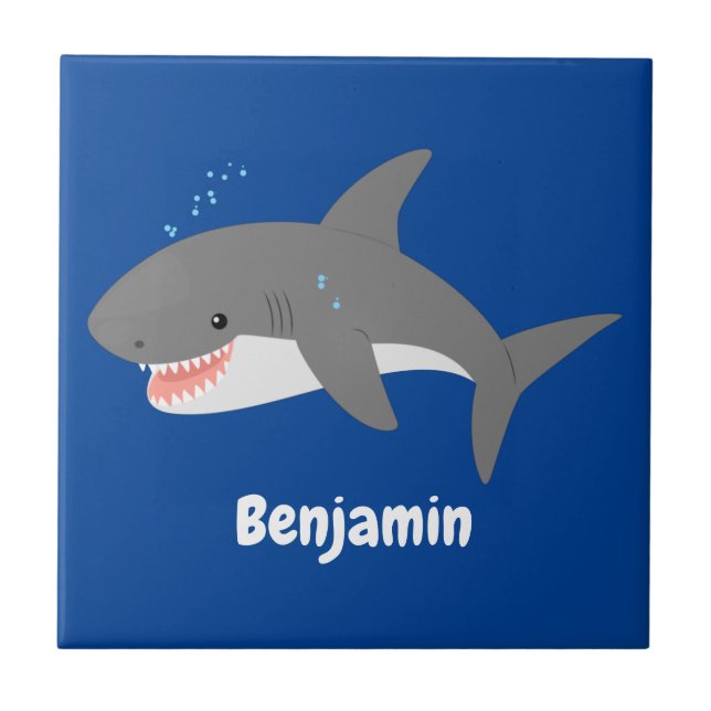Great white shark happy cartoon illustration tile (Front)