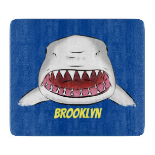 Great white shark mean cartoon illustration cutting board
