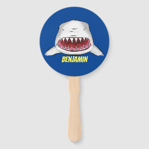 Great white shark mean cartoon illustration hand fan