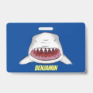 Great white shark mean cartoon illustration ID badge