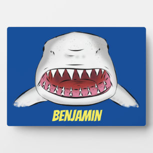 Great white shark mean cartoon illustration plaque