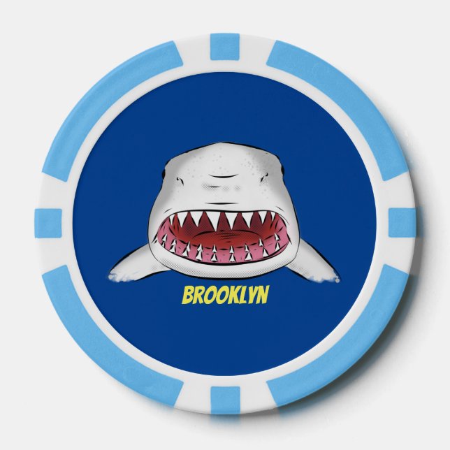 Great white shark mean cartoon illustration poker chips (Front)