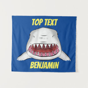 Great white shark mean cartoon illustration tapestry