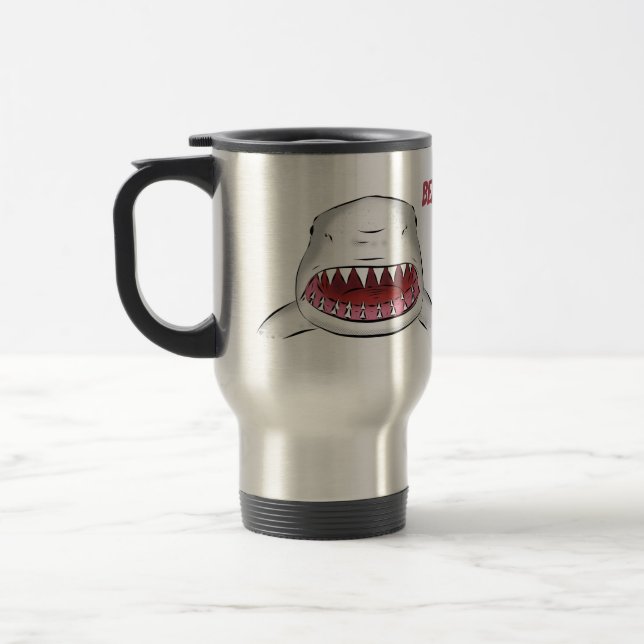 Great white shark mean cartoon illustration travel mug (Left)