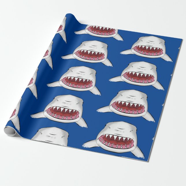 Great white shark mean cartoon illustration wrapping paper (Unrolled)