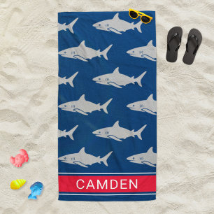 Great White Shark Navy Red Monogram Name Beach Towel