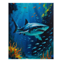 Great White Shark Ocean Painting Vibrant Photo Pr