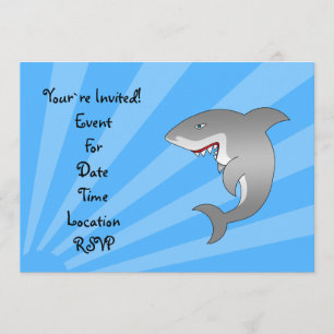 Great white shark on blue sunburst invitation