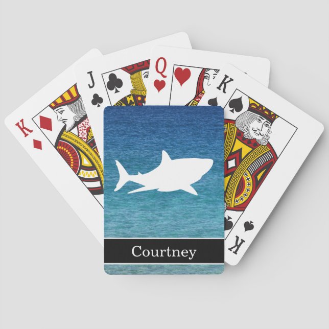 Great White Shark on Ocean Background with Name Playing Cards (Back)