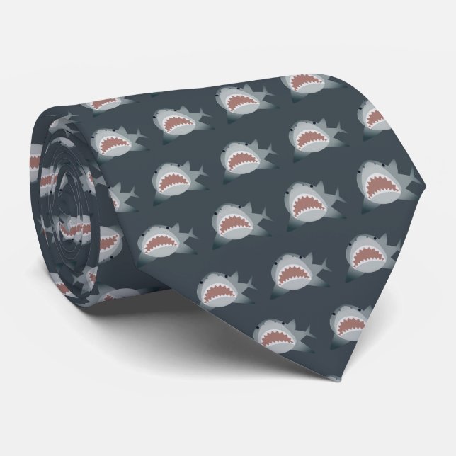 Great White Shark Pattern Navy Blue Tie (Rolled)