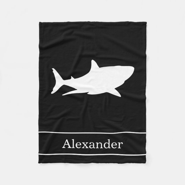 Great White Shark Silhouette with Name on Black Fleece Blanket (Front)