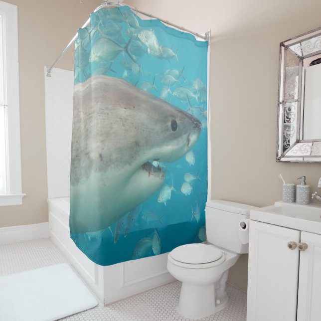 Great White Shark Underwater Close Up Portrait Shower Curtain (In Situ)