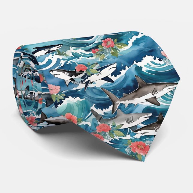 Great White Sharks In Crashing Waves Floral Tie (Rolled)