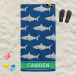 Great White Sharks Navy Green Custom Name Beach Towel<br><div class="desc">Ferociously cool personalised beach towel design features a nautical navy blue background with a ocean pattern of grey coloured great white sharks. Add a first or last name to the modern all caps custom text space with a simple green striped frame.</div>