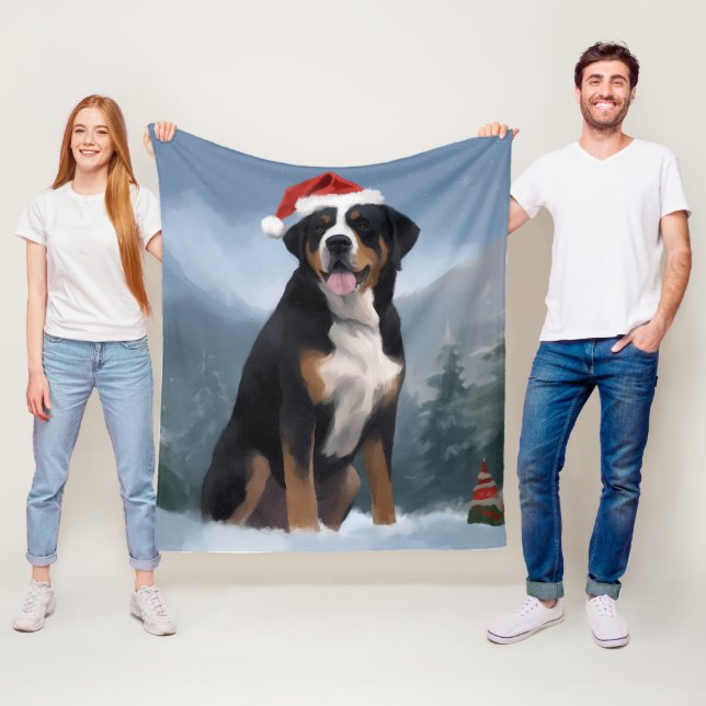 Greater Swiss Mountain Dog in Snow Christmas  Fleece Blanket (In Situ)