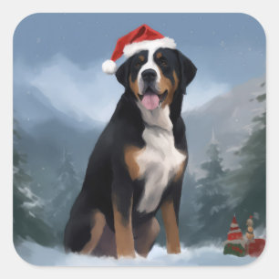 Greater Swiss Mountain Dog in Snow Christmas Square Sticker