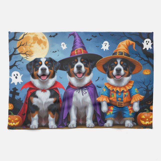 Greater Swiss Mountain Dog Pumpkin Halloween Funny Tea Towel (Horizontal)