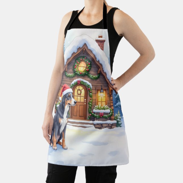 Greater Swiss Mountain Dog Snowy Cabin Santa Hat Apron (Insitu)