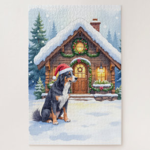 Greater Swiss Mountain Dog Snowy Cabin Santa Hat Jigsaw Puzzle