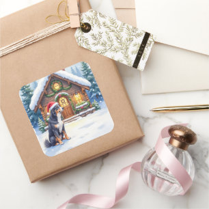 Greater Swiss Mountain Dog Snowy Cabin Santa Hat Square Sticker