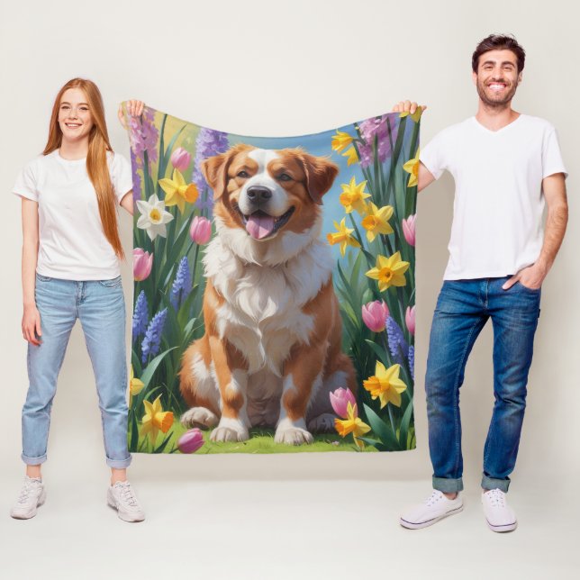 Greater Swiss Mountain Dog Spring Flowers Painting Fleece Blanket (In Situ)