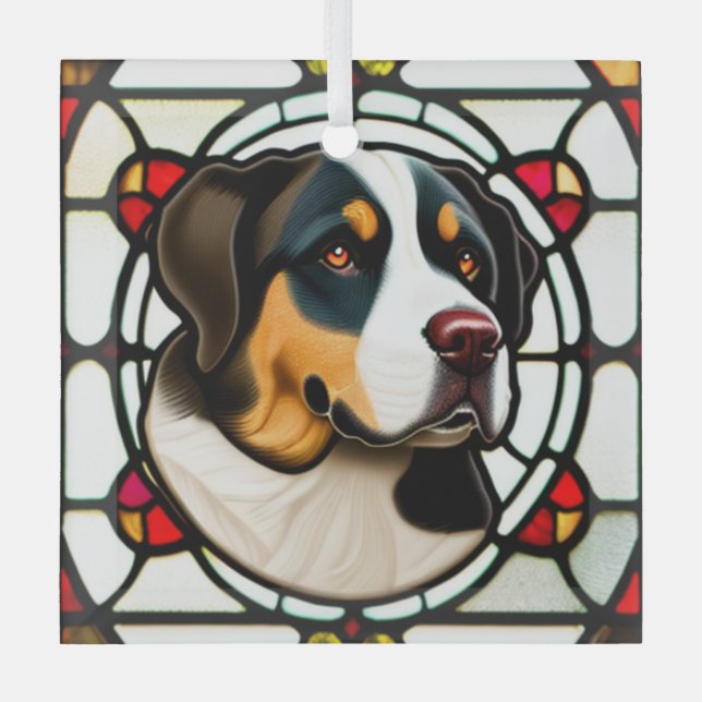 Greater Swiss Mountain Dog "Stained Glass" Glass Tree Decoration (Front)