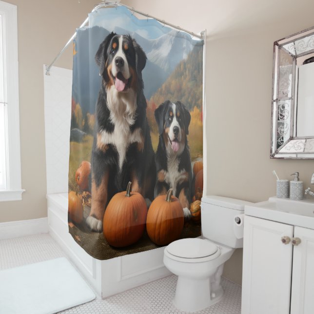 Greater Swiss Mountain Pup Autumn Delight Pumpkin Shower Curtain (In Situ)