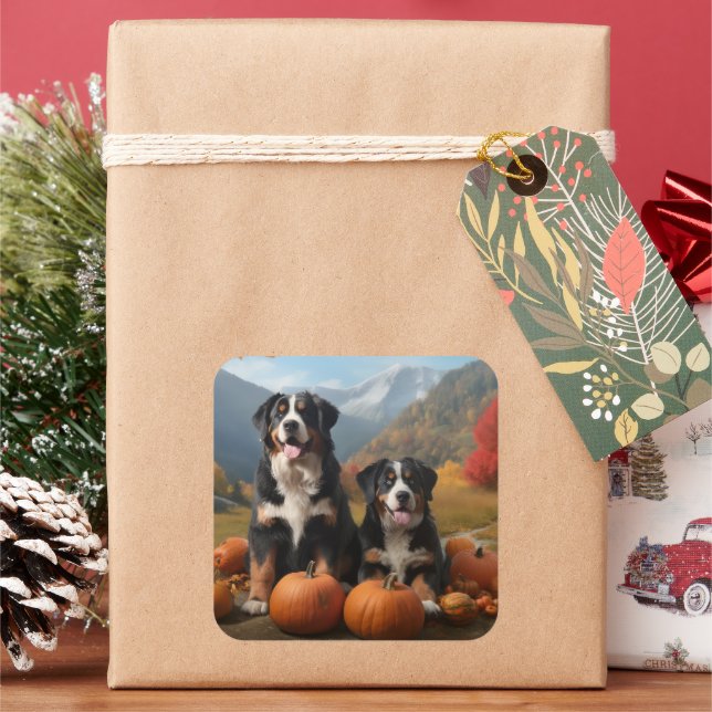 Greater Swiss Mountain Pup Autumn Delight Pumpkin Square Sticker (Holiday)
