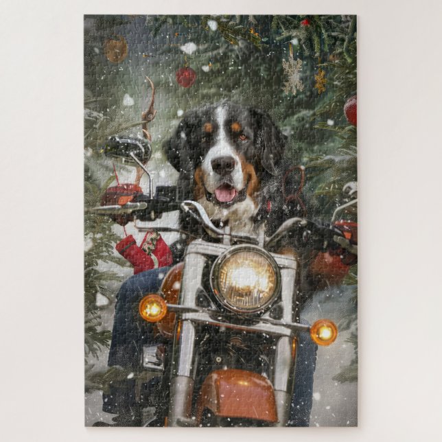 Greater Swiss Mountain Riding Motorcycle Christmas Jigsaw Puzzle (Vertical)