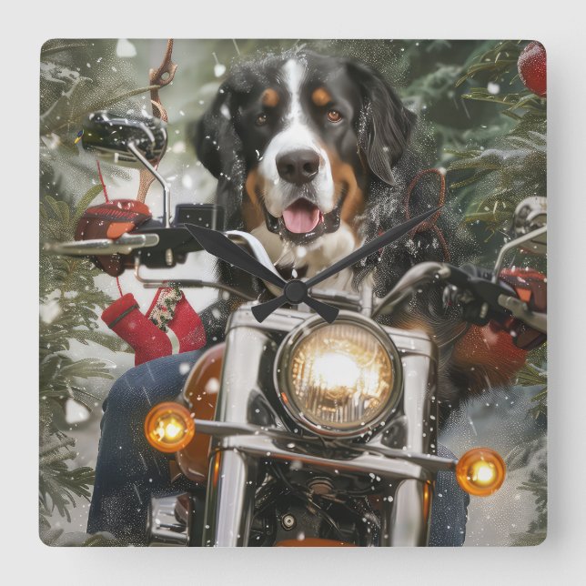 Greater Swiss Mountain Riding Motorcycle Christmas Square Wall Clock (Front)