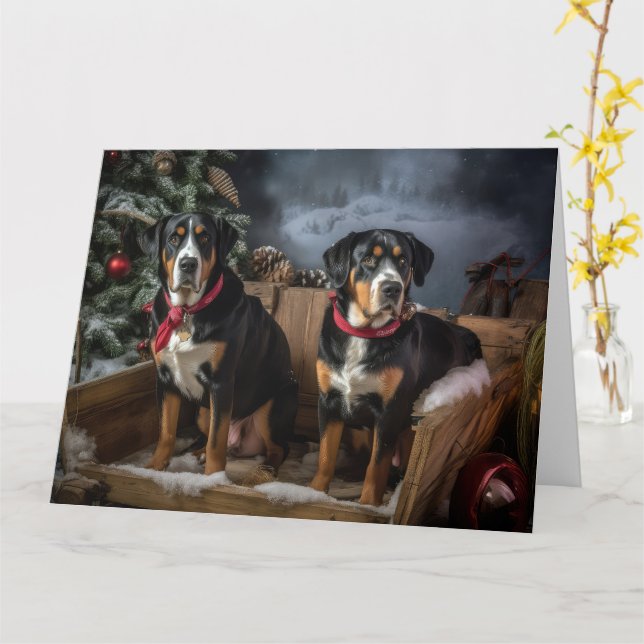 Greater Swiss Mountain Snowy Sleigh Christmas  Card (Yellow Flower)