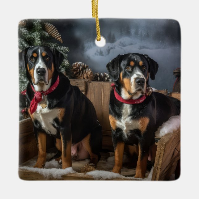 Greater Swiss Mountain Snowy Sleigh Christmas  Ceramic Ornament (Front)