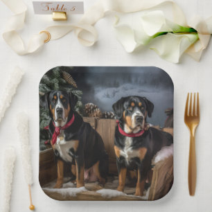 Greater Swiss Mountain Snowy Sleigh Christmas Paper Plate