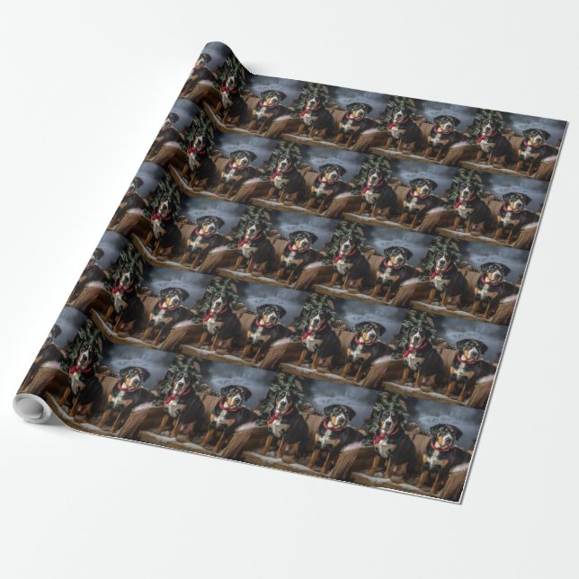 Greater Swiss Mountain Snowy Sleigh Christmas  Wrapping Paper (Unrolled)