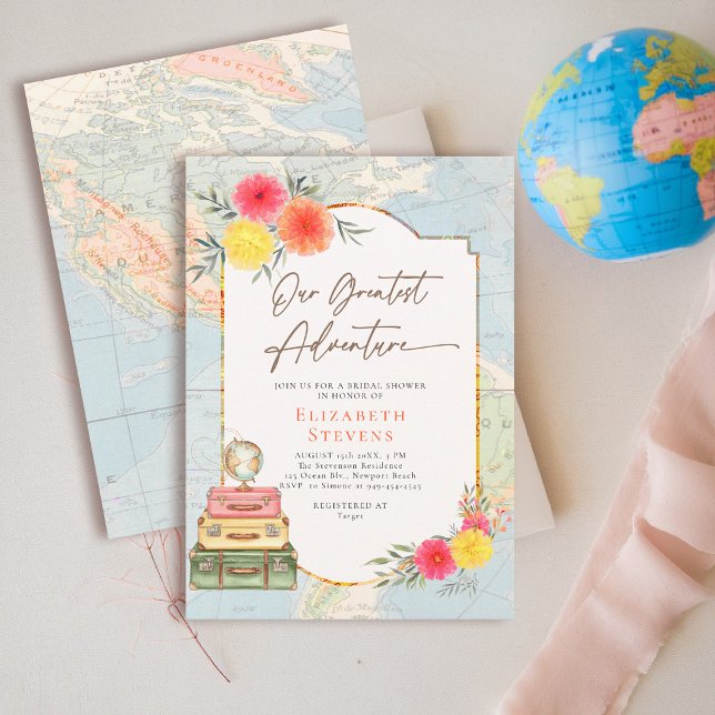 Greatest Adventure Floral World Map Travel  Bridal Invitation (travel bridal shower invitation floral watercolor world map suitcases elegant modern chic)