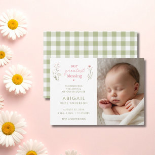 Greatest Blessing Baby Girl Photo Birth Announcement