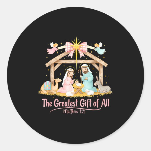 Greatest Gift Of All Matthew 1_21 Coquette Christm Classic Round Sticker (Front)
