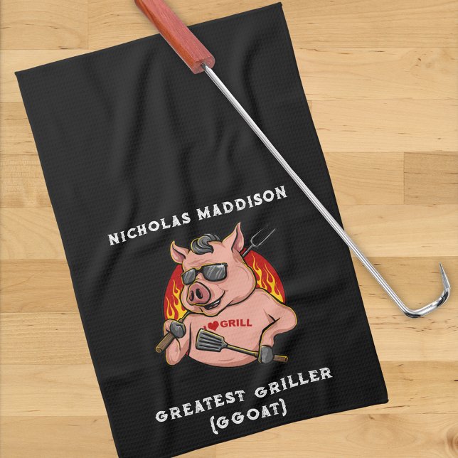 Greatest Griller Pig Mascot Personalised  Tea Towel (Creator Uploaded)