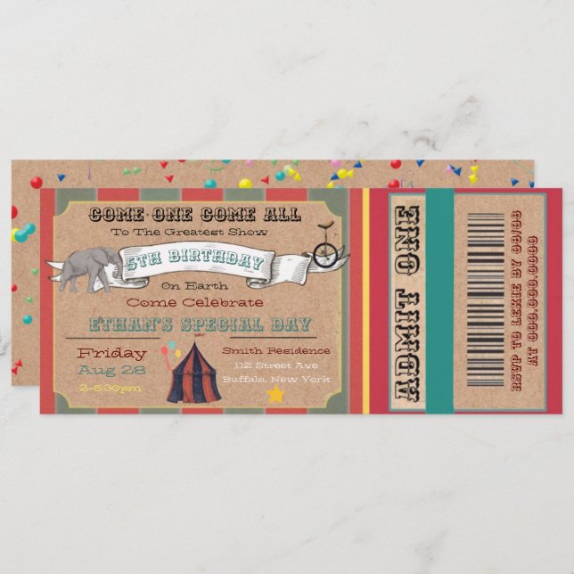 Greatest Show On Earth Circus Ticket Birthday Invitation (Front/Back)