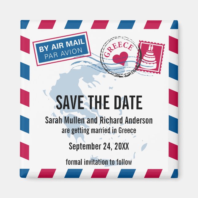 Greece Air Mail Wedding Save the Date Magnet (Front)
