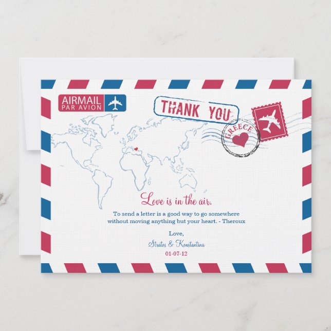 Greece Air Mail Wedding Thank You Card (Front)