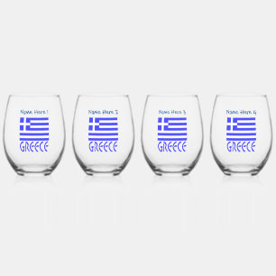 Greece and Greek Flag Blue Personalisation  Stemless Wine Glass