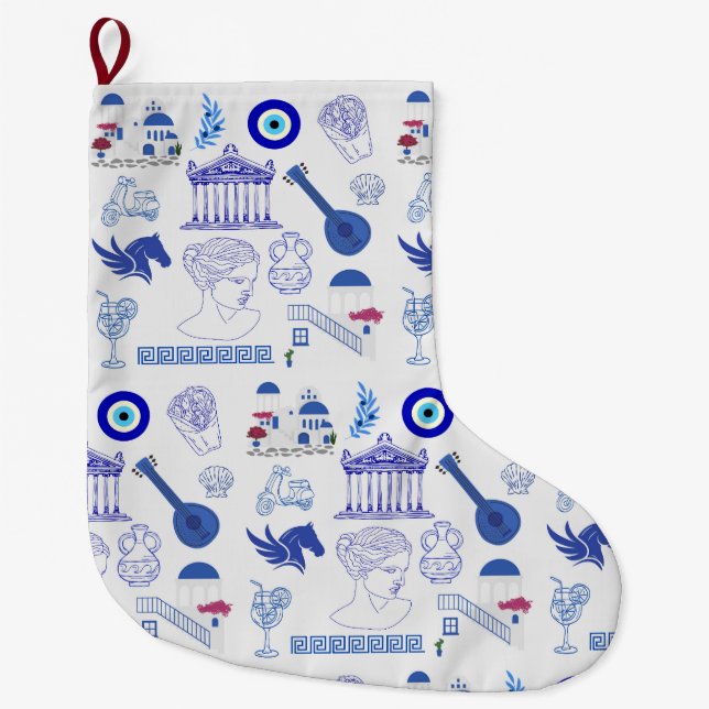 Greece Blue and White Large Christmas Stocking (Front)