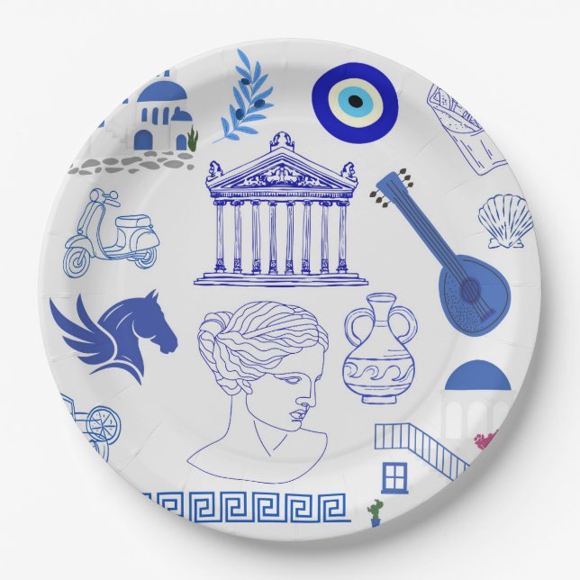  Greece Blue and White Paper Plate (Front)
