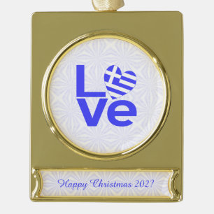 Greece Blue LOVE Heart Flag Personalised Gold Plated Banner Ornament