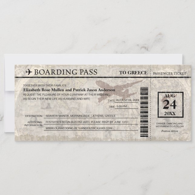 Greece Boarding Pass Wedding  Invitation (Front)