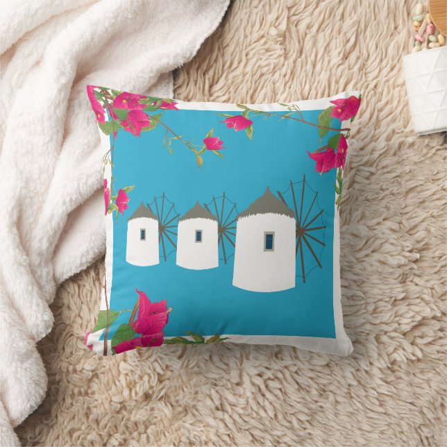 Greece Bougainvillea Greek Island Windmills Cushion (Blanket)